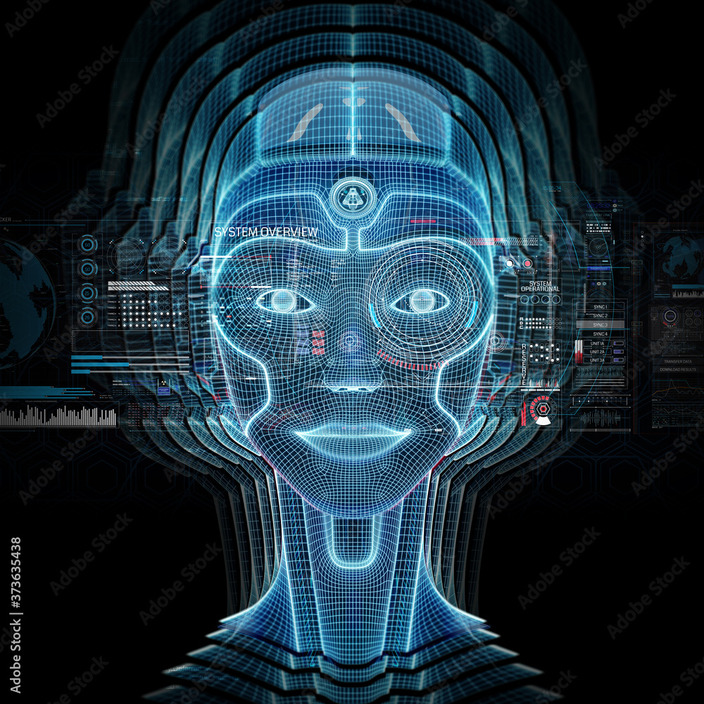 Poster intelligent machine with a robotic cyborg head concept 3d rendering