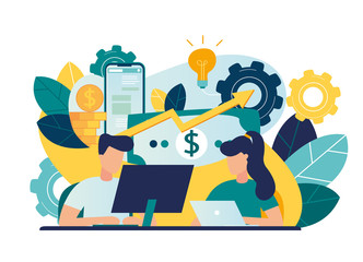 Vector creative illustration of business graphics, the company is engaged in teamwork, raising a career to success, the abstract person's head, filled with ideas of thought and analytics, genius ideas