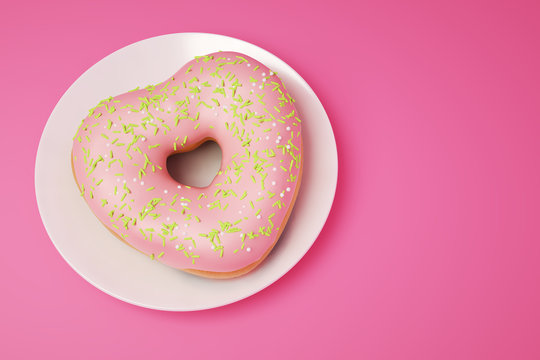 Heart shape donut on pink background. Valentine day concept. Realistic 3d illustration.