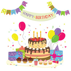 Happy birthday party poster template. Cartoon big cake with candles,gifts and balloons.