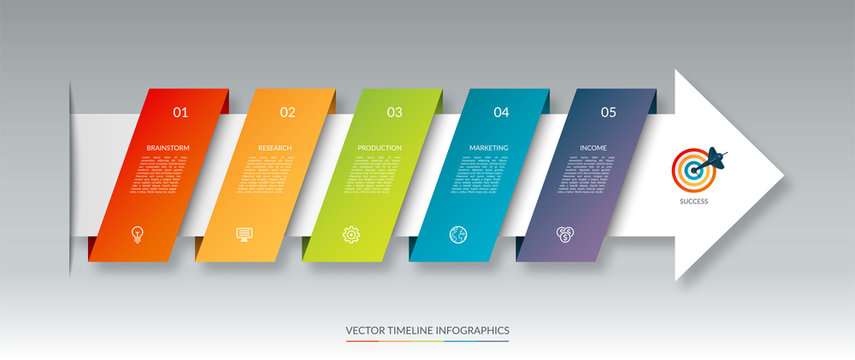 Infographic Arrow Timeline Template With 5 Steps. Can Be Used For Web Design, Diagram, Chart, Business Presentation.
