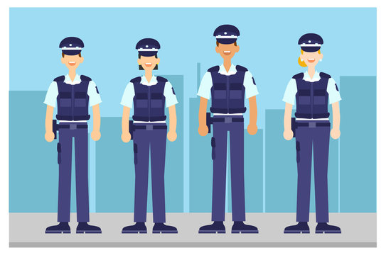 Ilustração representando quatro Homens e mulheres policiais uniformizados e em pé com expressão de felicidade 