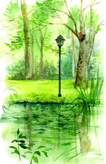 Fototapeta na wymiar View of the pond with trees. Watercolor illustration isolated on white.