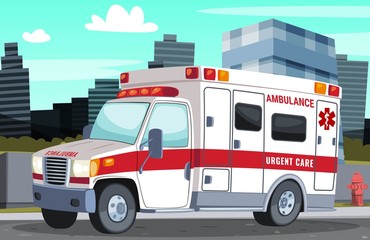 ambulance stands on the street near the sidewalk