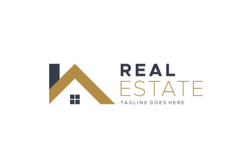 Real Estate Logo. Gold and Blue House Symbol Geometric Linear Style isolated on White Background. Usable for Construction Architecture Building Logo Design Template Element.