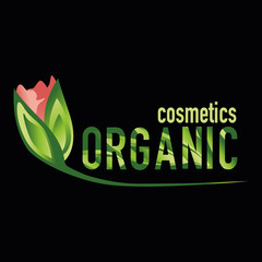 Vector, organic cosmetics logo. Lovely flower bud and inscription. Natural cometics and organic products emblem