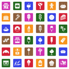 Candy Shop Icons. White Flat Design In Square. Vector Illustration.