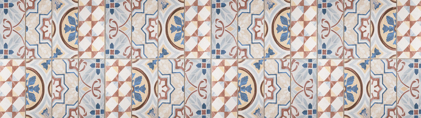 White brown blue vintage retro geometric square mosaic motif cement tiles texture background banner panorama