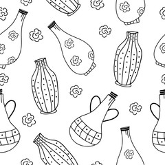 Seamless pattern with hand drawn vase and a pitcher on a white background. Doodle, simple outline illustration. It can be used for decoration of textile, paper and other surfaces.