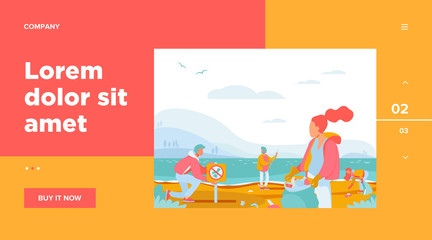 Group of young volunteers collecting trash on ocean beach flat vector illustration. Ecology and clean planet concept. People cleaning environment nature together