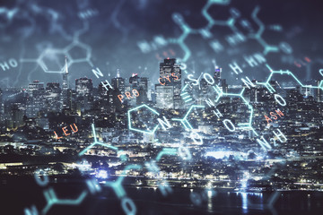 Double exposure of sience formula drawing and cityscape background. Concept of education.