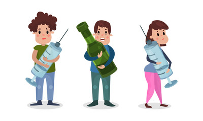 People Characters Having Bad Habits Drinking Alcohol and Using Drugs Vector Illustration Set