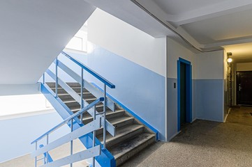 Fototapeta premium Russia, Moscow- February 15, 2020: interior room apartment modern bright cozy atmosphere. public place, house entrance. doors, walls, staircase corridors