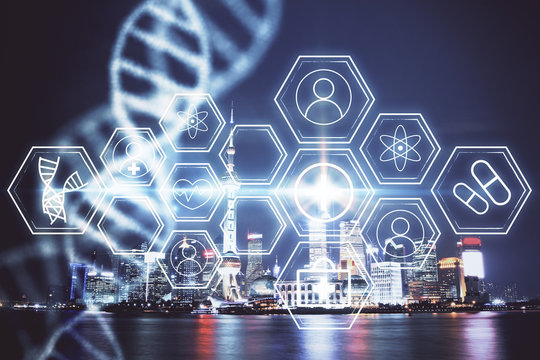 Double exposure of DNA drawing and cityscape background. Concept of education.