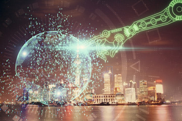 Data theme hologram drawing on city view with skyscrapers background multi exposure. Ai concept.