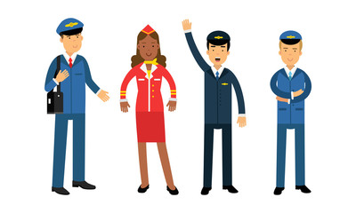 Pilot and Stewardess Character on Board Aircraft During Flight Vector Illustration Set