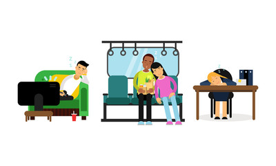 People Characters Sleeping in Front of TV set and at Work Vector Illustration Set