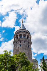 Fototapeta na wymiar Galata Tower on a cloudy summer day, one of the main landmarks of Istanbul, Turkey