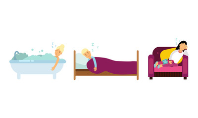 People Characters Fallen Asleep on Couch While Reading Vector Illustration Set