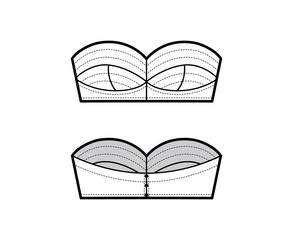 Bustier tube top technical fashion illustration with sweetheart neckline, cups and a cutaway front. Flat bra swimwear lingerie apparel template front back white color. Women men unisex underwear CAD. 