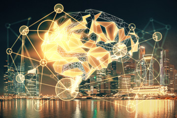 Brain hologram drawing on city scape background Double exposure. Brainstorming concept.