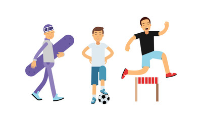 Young Energetic Man Doing Sport Activity Vector Illustration Set