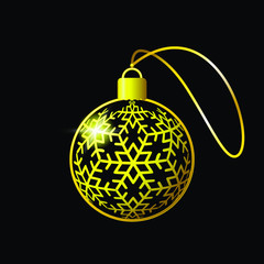 Christmas and New Year greeting card. Golden christmas ball with snowflake on the black background