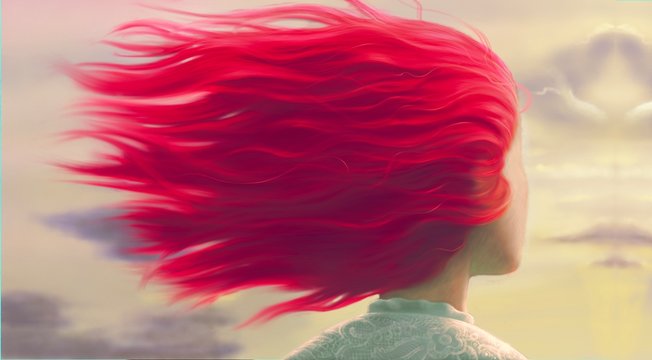 Painting of woman with red hair, digital artwork, freedom concept
