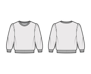Cropped cotton-terry sweatshirt technical fashion illustration with puffed shoulders, elbow sleeves, ribbed trims. Flat outwear jumper apparel template front back grey color. Women, men unisex top CAD