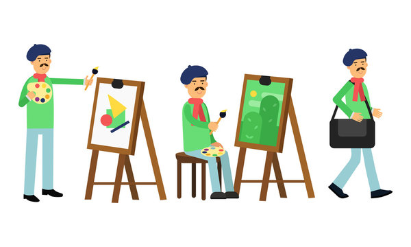 Smiling Artist Man in Beret Painting on Canvas Vector Illustration Set