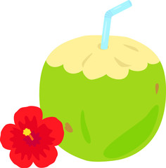 ストローを刺したヤシの実とハイビスカスの花