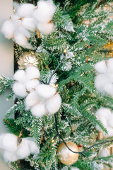 close up Christmas and new year decorations with cotton flowers