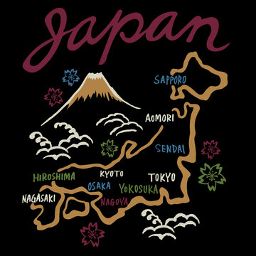 スカジャン風デザインの日本地図イラスト