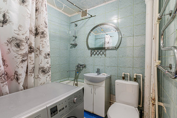 Russia, Moscow- February 15, 2020: interior room apartment modern bright cozy atmosphere. general cleaning, home decoration, preparation of house for sale. bathroom, sink, decor elements, toilet