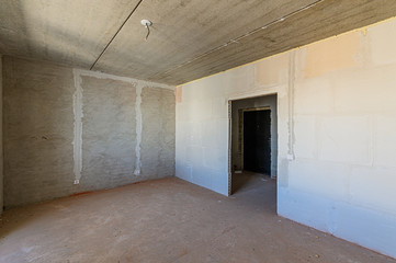 Russia, Moscow- February 15, 2020: interior rough repair for self-finishing. interior decoration, bare walls of the premises, stage of construction