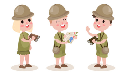 Little Boy and Girl Scouts in Camping Uniform Holding Binocular and Map Vector Illustration Set