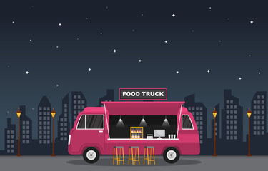 Food Truck Van Car Vehicle Street Shop Night Illustration