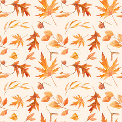 Watercolor fall leaves texture. Repeating background for fabric, wrapping paper, wallpaper, web.