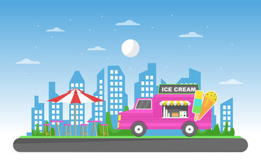 Ice Cream Food Truck Van Car Vehicle Street Shop Illustration