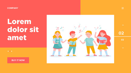 Cartoon children choir flat vector illustration. Cute kids singing song at music school, church or vocal group. Friendship, music and performance concept