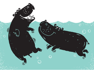A cute illustration of two hippos done in a graphic linocut illustrative technique. Vector illustration. 