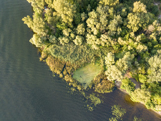 Aerial drone view. River bank.