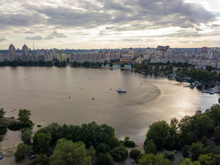Sunset over the river Dnieper in Kiev. Aerial drone view.