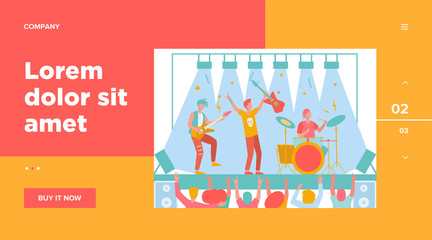 Famous rock band playing music and singing at stage flat vector illustration. Cartoon crowd of people standing near scene and waving hands. Concert and performance concept