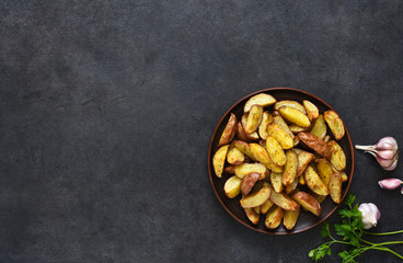 Fried potato wedges with salt and garlic in a plate on a black background. View from above.