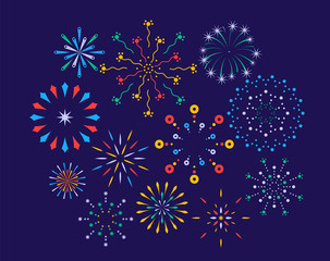 Fototapeta na wymiar Festive fireworks on a night background. Colorful bright fireworks in the night sky. Celebration fireworks. Background for festive design, party. Pyrotechnics firecracker background