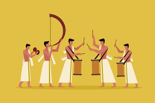 People wearing Kerala style traditional dress playing percussion instruments