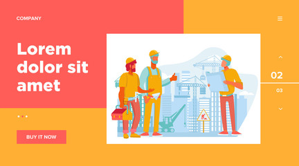 Engineers team discussing issues at construction site flat vector illustration. Foreman looking at construction project plan. Building and engineering concept. Machinery and crane on background