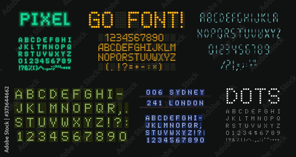 Aufkleber digital letters and numbers set. scoreboard style alphabet. dot vector typeface designs for score bo
