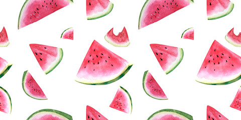 seamless pattern of watercolor watermelon parts